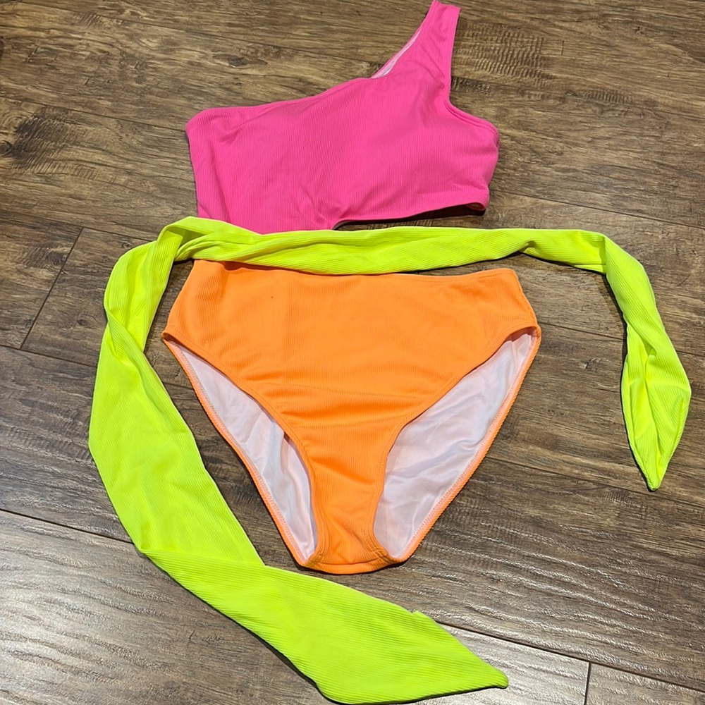 Neon block colour one shoulder open side one piece bathing suit
